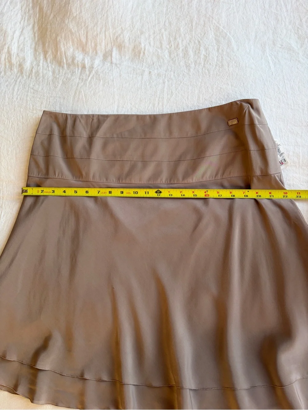NWT Vintage Chanel Silk Logo Ruffle Flouncy Mini Skirt Taupe Brown Tan Pearl